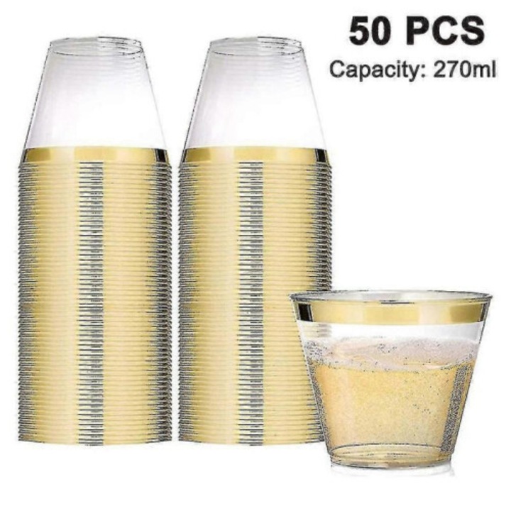 Set 50 pahare din plastic transparente cu margine, 250ml