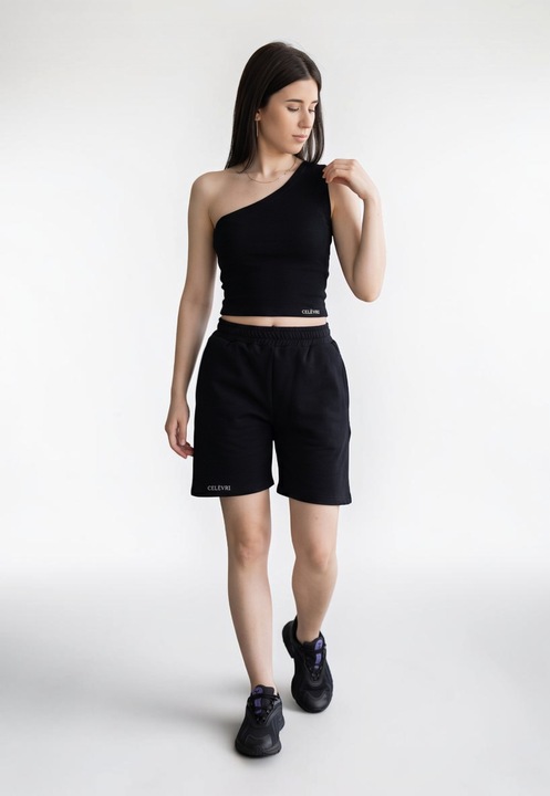 Set de vara, Dama din bumbac premium, top cu umar gol si pantaloni scurti, Negru