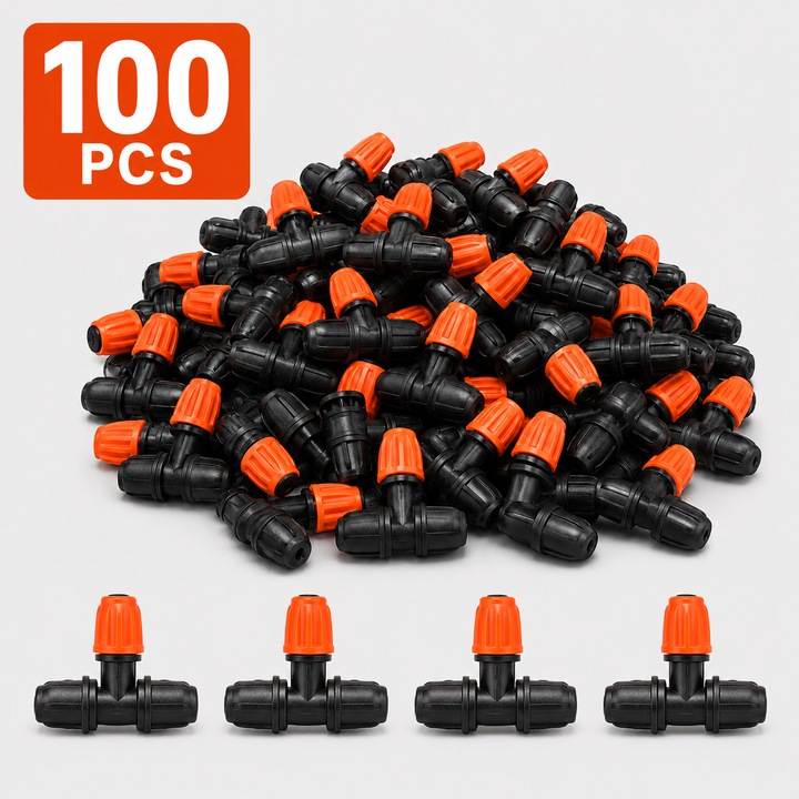 Leccik® 100 darabos permetező fúvóka készlet, mikro-szórófejek és T-alakú gyorscsatlakozók 1/4 hüvelykes tömlőhöz, csepegtető öntözőrendszer és terasz hűtés, vízporlasztás, tartós, fekete/narancssárga