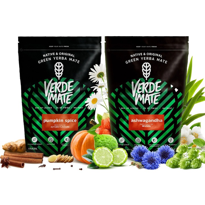 Yerba Mate Készlet, Verde Mate, Ashwagandha, Pumpkin Spice Tostada, Prémium Brazil Keverék, Füstmentes és Pormentes, Természetes Energia, 500 g és 400 g