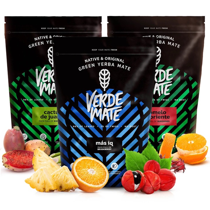 Yerba Mate Készlet, Verde Mate, Pomelo De Oriente, Cactus De Juarez, Mas IQ, Prémium Brazil Keverék, Füstmentes, Természetes Energia, 3x500 g