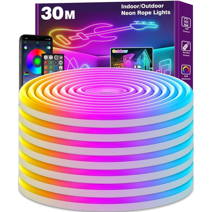 Banda LED neon 30m Aplicatie si telecomanda sincronizare muzicala impermeabila IP65 flexibila RGB – 30m