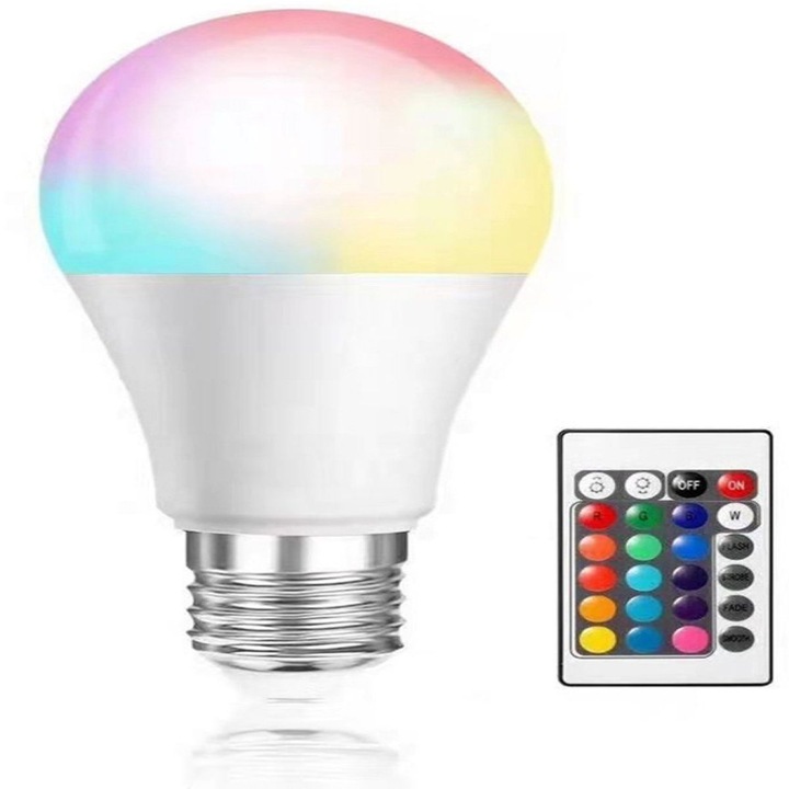 Többszínű RGB LED izzó, E27, távirányító, szabályozható, 7W
