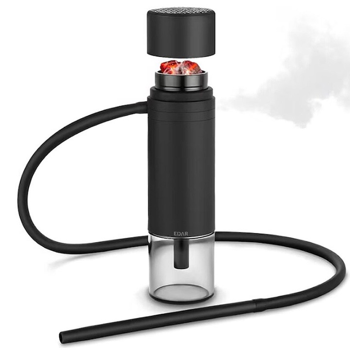 Narghilea Portabila EDAR, Pentru Masina, Calatorii, Aer Liber Sau Acasa, Demontabila/ Usor de Curatat, Furtun Si Cleste Carbuni Incluse, 25 Cm Inaltime, 12 Cm Diametru, Culoare Neagra