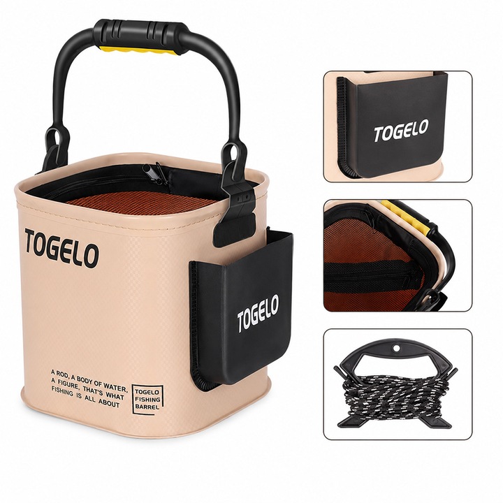 Galeata pliabila de pescuit, JESWO®, 8 litri, snur de 5 m, Model Cubo, 20×20×20cm, Compartiment lateral, Capac cu fermoar, Pentru apa, momeala vie, EVA, Bej