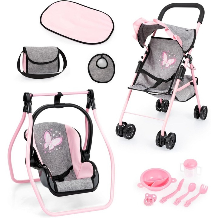 Set de joaca complet pentru papusi Bayer Gri/Roz cu leagan, carucior pliabil cu capotina, gentuta de umar, salteluta schimbat scutece ai accesorii hranire incluse