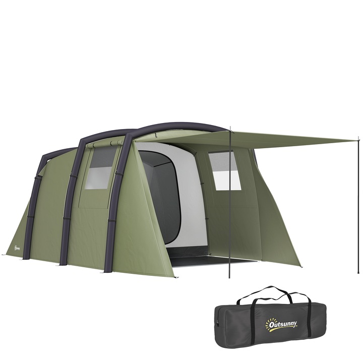 Cort de familie, Cort tunel gonflabil, Pentru 3–4 persoane, Un dormitor & un living, Material Poliester 201T, Verde