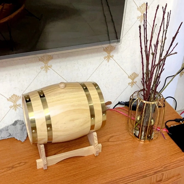 Butoi pentru vin si whisky, 5 l butoi din lemn cu suport si robinet, Pentru vin, whisky si bere, Pentru acasa sau bar, Culoare fag, galben deschis