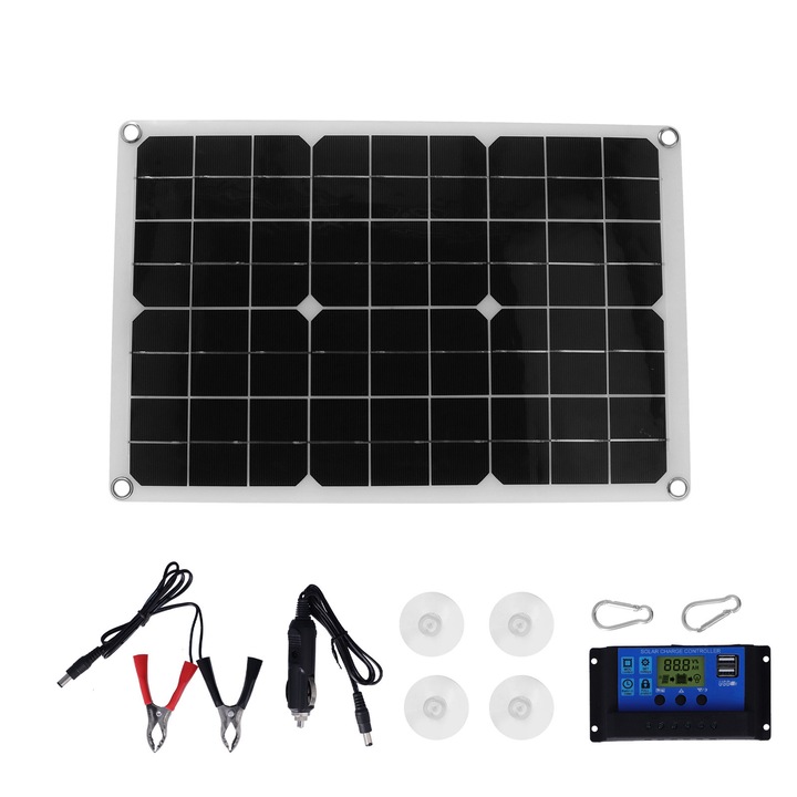 Kit panou solar 20W 18V USB cu controler incarcare 60A, rezistent la apa, portabil