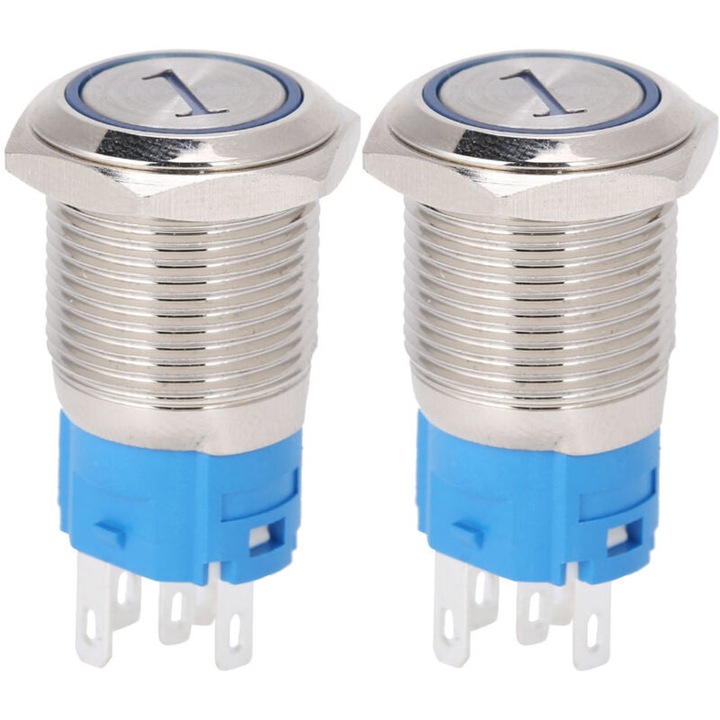2 db nyomógombos kapcsoló készlet, 16mm, kék LED, 5 tűs, 220V AC