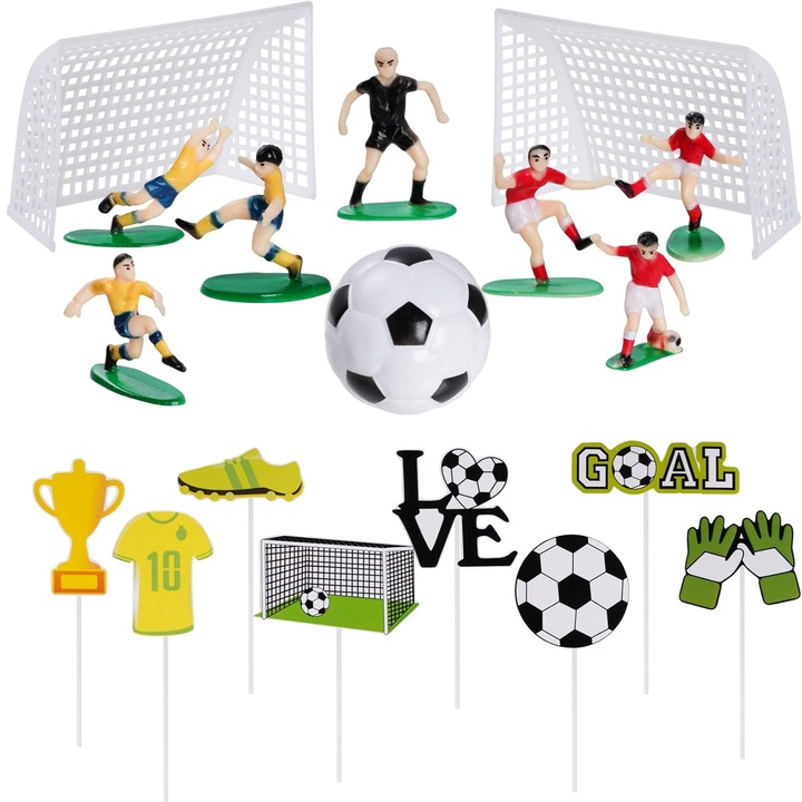 Set figurine pentru tort tematica fotbal, Simply Joy®, decoratiuni tort, ornamente pentru petrecere aniversara cu tematica sportiva, fotbal, pentru Baieti, Barbati, 18 piese