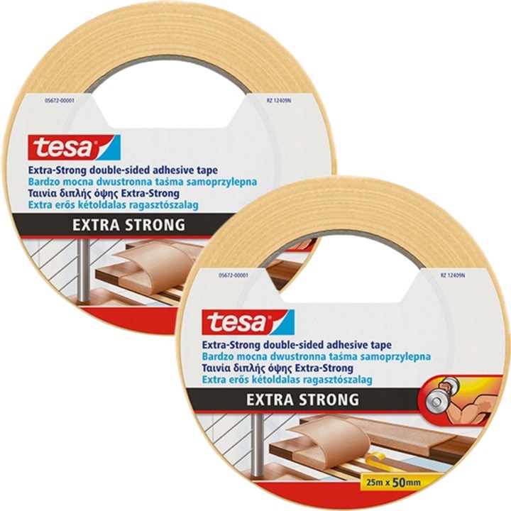 Tesa Extra Strong ragasztószalag, 25m x 50mm, fehér, 2 darabos szett