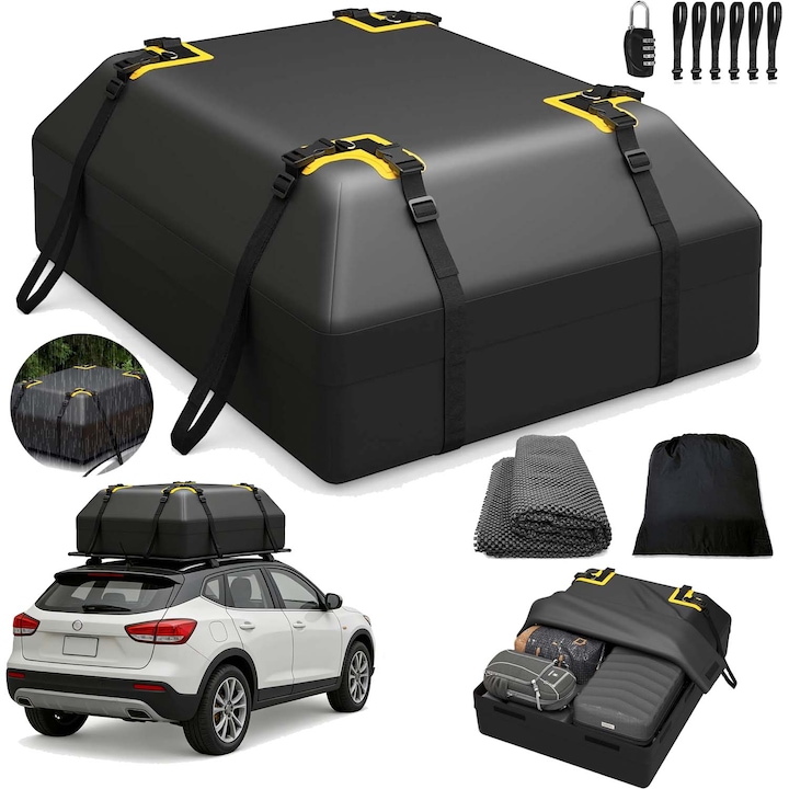 Portbagaj auto plafon. geanta de calatorie.112 x 83 x 43 cm, 420L, Cu Lacat cu combinatie, covoras antiderapant.PVC, impotriva ploii, zapezii, prafului si razelor UV, Pliabil.Potrivit pentru autoturisme, autoutilitare, SUV-uri etc, universal.Negru