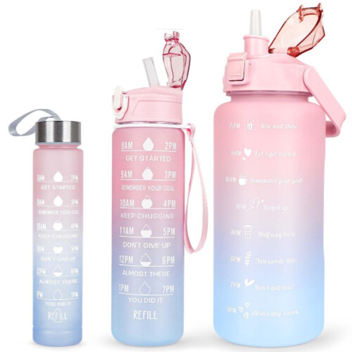 Sport vizespalack szett, 3 db, 2L+750ml+200ml, rózsaszín, időjelölésekkel, szivárgásmentes
