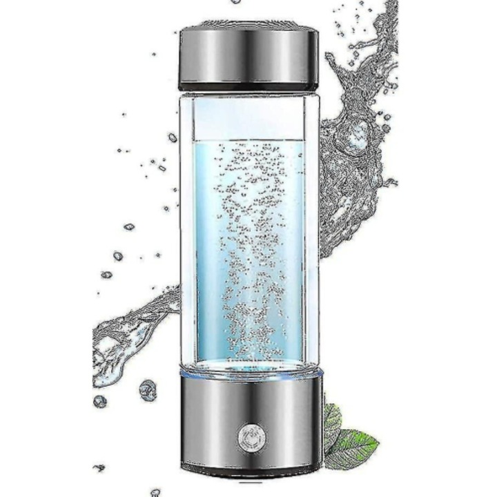 Sticla generator hidrogen, 1.5L, electrozi platina-titan, sticla borosilicata, USB reincarcabila