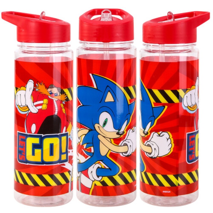 Спортна бутилка за вода Sonic The Hedgehog, 700мл, прозрачно червено, 23.5x8.8см