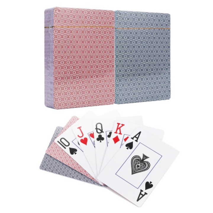 Set 2 pachete carti de joc poker, plasticate, rosu si albastru, 6.3x8.8cm