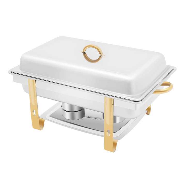 Нагревател за бюфет, Chafing dish, Капацитет 9 л, Неръждаема стомана, Със стойки за горелки, За партита сватби банкети, Сребрист