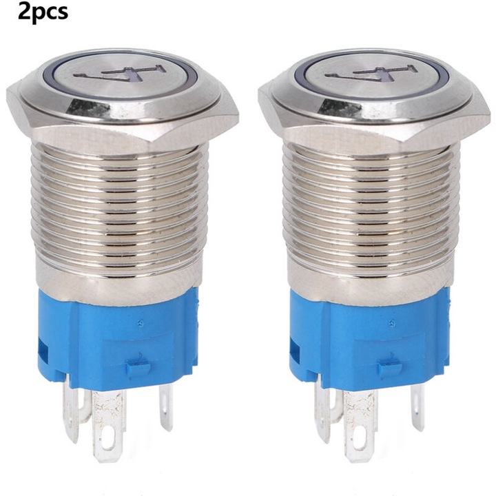 2 db fém nyomógombos kapcsoló készlet, 5 tűs, fehér megvilágítású, 16mm, IP65