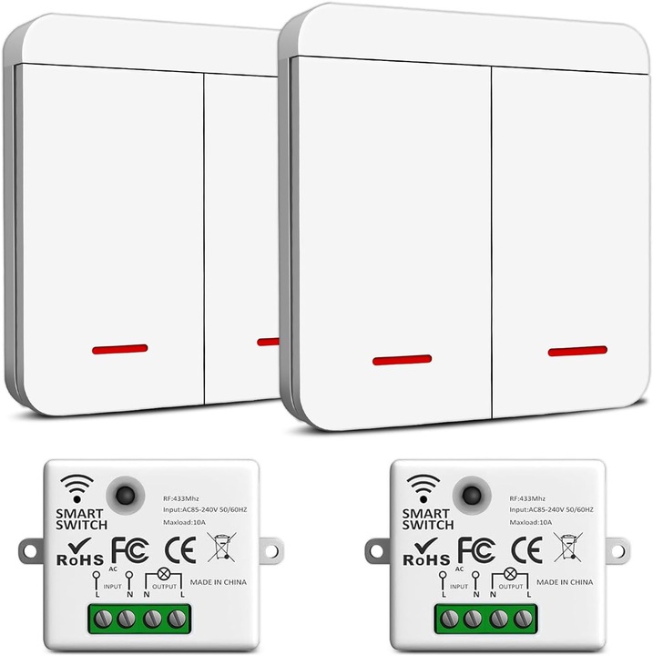2 db vezeték nélküli kapcsoló szett, 2 kapcsolóval, RF 433 MHz, 10A támogatás, hatótávolság akár 30 m, távirányítás, egyszerű vezeték nélküli telepítés, otthoni, irodai, garázs és beltéri világításhoz, OUYLAF, fehér