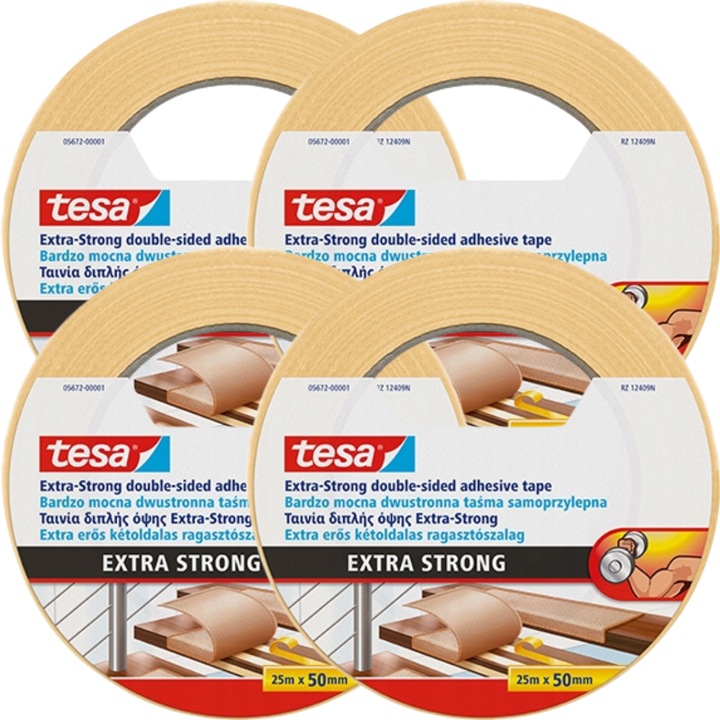 Tesa Extra Strong ragasztószalag, 4 darabos készlet, fehér, 25x5cm, padlószőnyeghez