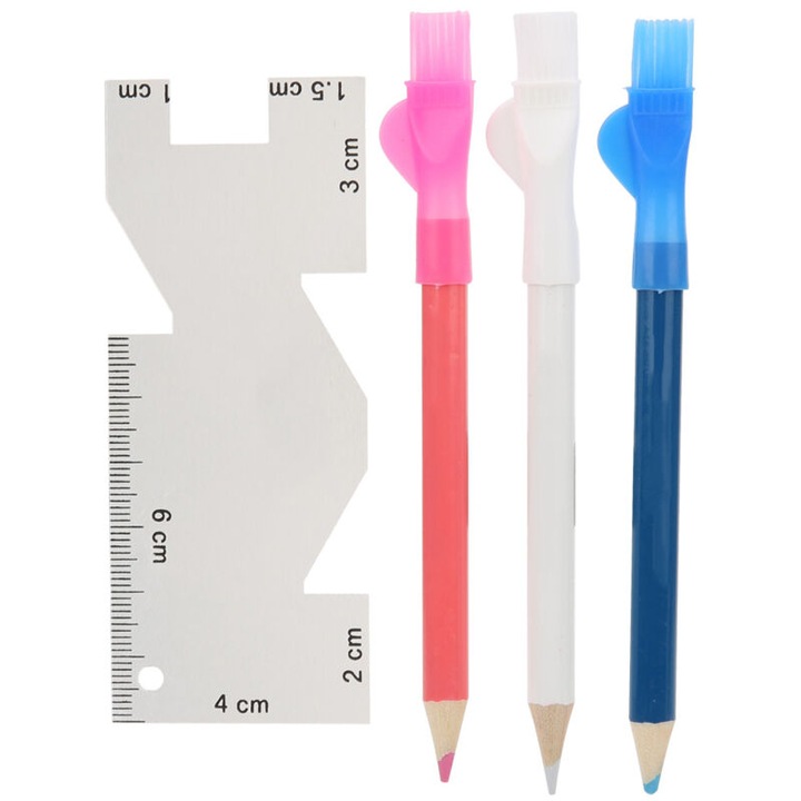 Varrókészlet fém vonalzóval 10x4cm és 3 ecsetfilccel, fehér