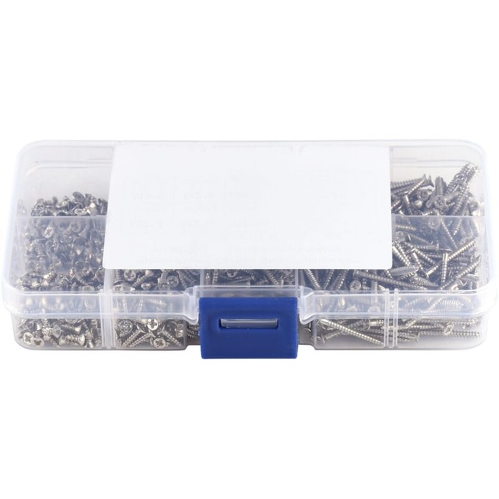 Set 800 suruburi autofiletante cap plat cruciform, otel carbon nichelat, 4x20mm, cutie 13.2x6.5x2.3cm