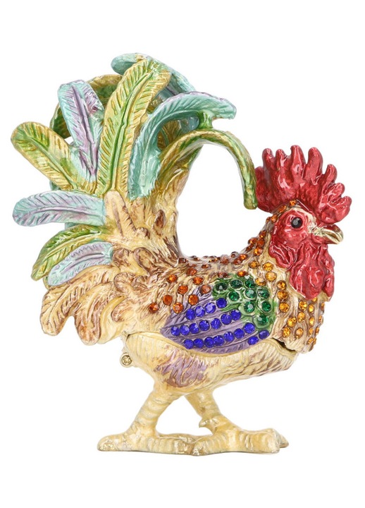 Ékszerdoboz kakas strasszokkal, többszínű ötvözet, 15x10x8cm