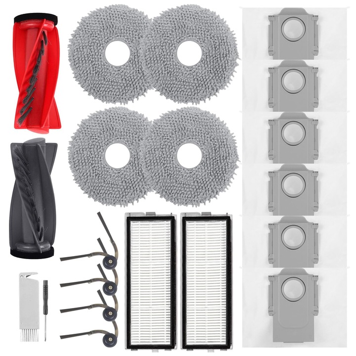 Set accesorii compatibile cu aspiratorul robot Roborock Qrevo S5V, Qrevo Curv/Curv S5X, Qrevo Edge, Qrevo Edge S5A, 1 perie principala, 2 filtre HEPA, 6 saci de praf, 4 servetele, 4 perii laterale, 1 perie, set de 20 de piese de schimb