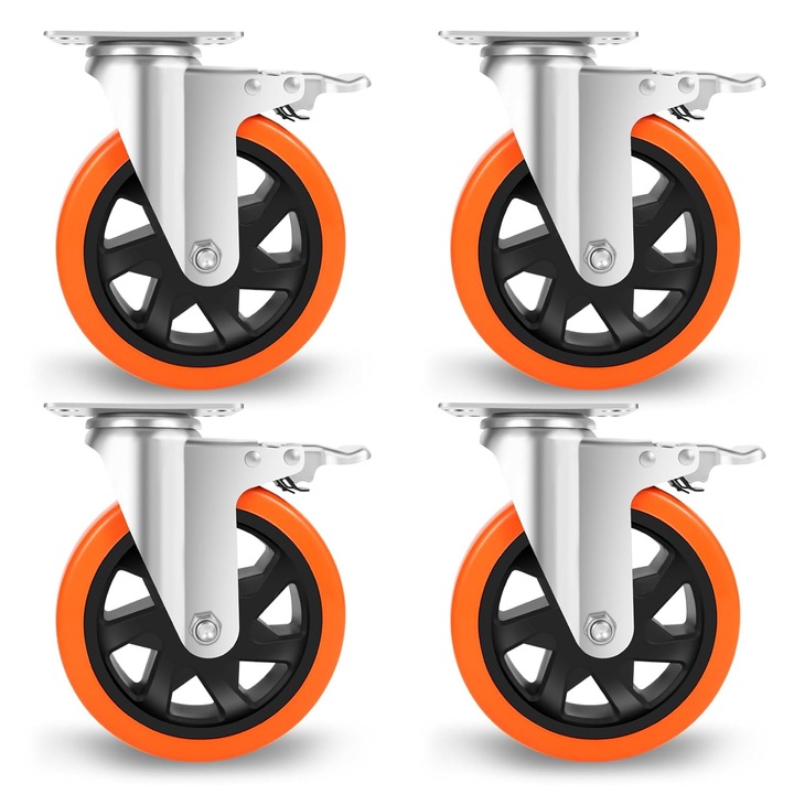 Roti rezistente din poliuretan 150mm, pivotante 360°, frane duble, pentru 1000 kg, set 4 bucati