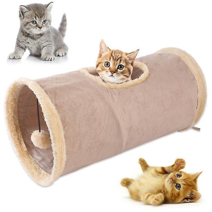 Сгъваем тунел за котки, синтетична каки козина, 50x25см, с играчка и скривалище
