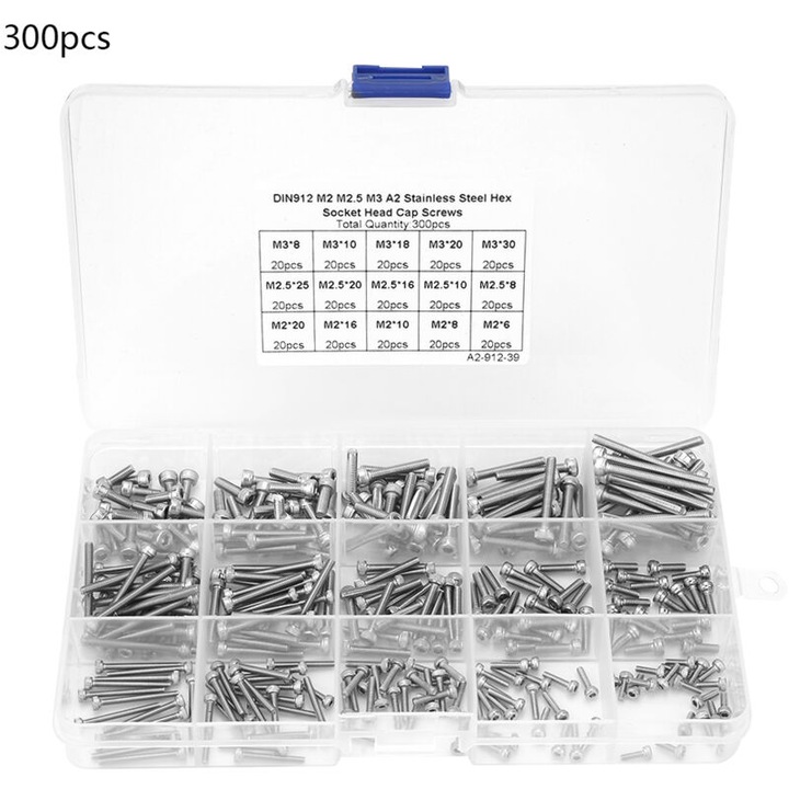 Set suruburi inox M2 M2.5 M3 15 dimensiuni 300 buc 6x8x10x16x20x25x30mm