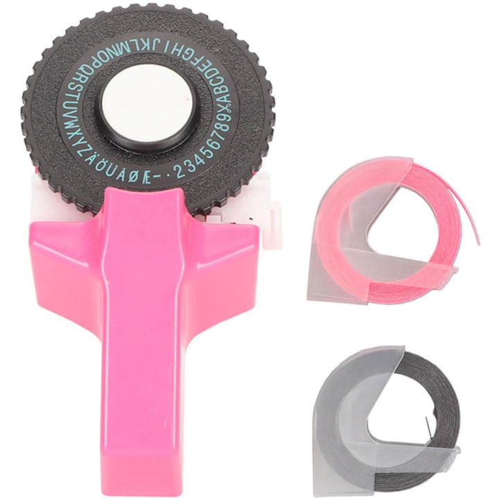 Etichetator manual, roz, compact, 2 role banda, pentru scrapbooking si proiecte DIY