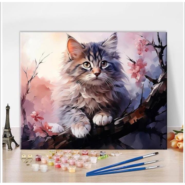 Set de pictura cu numere, Pisica, kituri de arta vaca citind ziare, pentru copii incepatori, pictura cu vopsea DIY