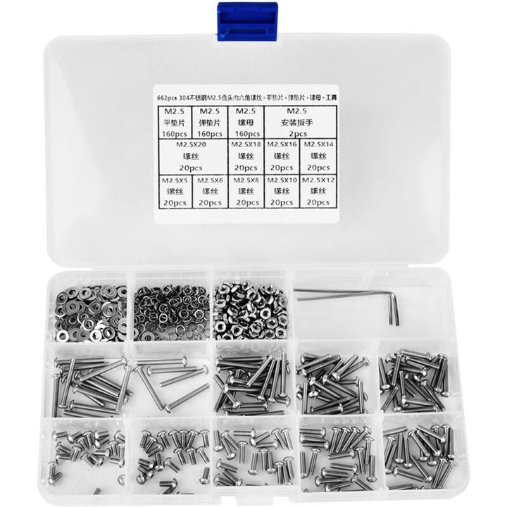 Set suruburi si piulite inox 304 M2.5, 662 piese, cutie plastic