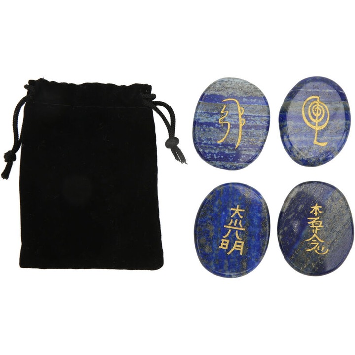 4 darab gravírozott Reiki kő készlet, kristály, kék, tárolózsákkal