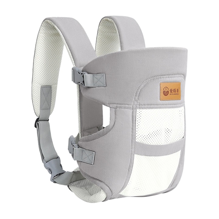 Ergonomikus Babahordozó, 3 hordozási pozíció, Fejtámasz, Deréktámasz Szíj, Párnázott Válltámasz, 0-24 Hónap, Max 20Kg, Szürke