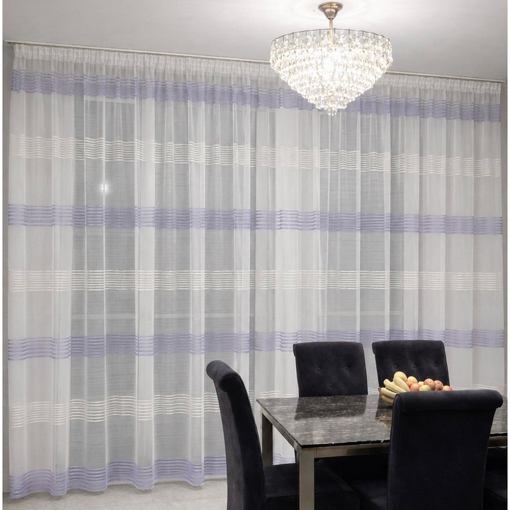 Perdea din tul cu dungi mov, semitransparenta, pentru living si dormitor, lucrata pe rejansa 500 x 260 cm