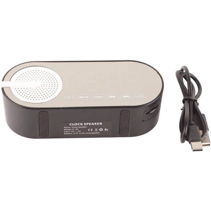 Boxa Bluetooth 5.0 cu oglinda si alarma, lumini colorate, negru, 11.7x3.3x5cm