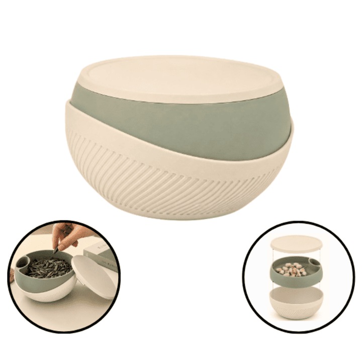 Bol 3 in 1, pentru fistic, seminte si nuci, cu capac si compartiment ascuns pentru coji, design modern verde salvie, crem, sistem twist open, 127mmx65mm