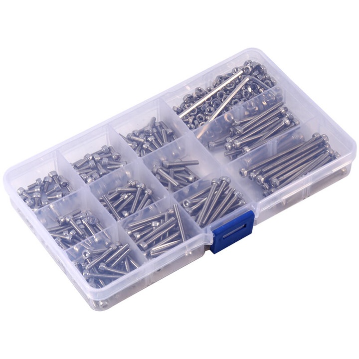 Set suruburi si piulite M3 inox, 440 piese, cutie organizatoare, diverse lungimi, chei Allen, 17.4x10x2.3cm