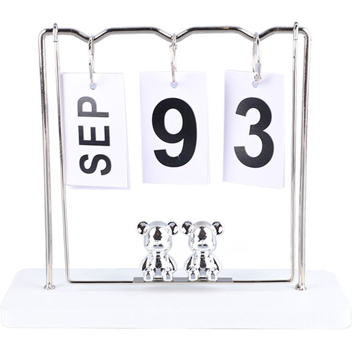 Calendar perpetuu birou, metal si lemn masiv, ursulet, 20x15x10cm