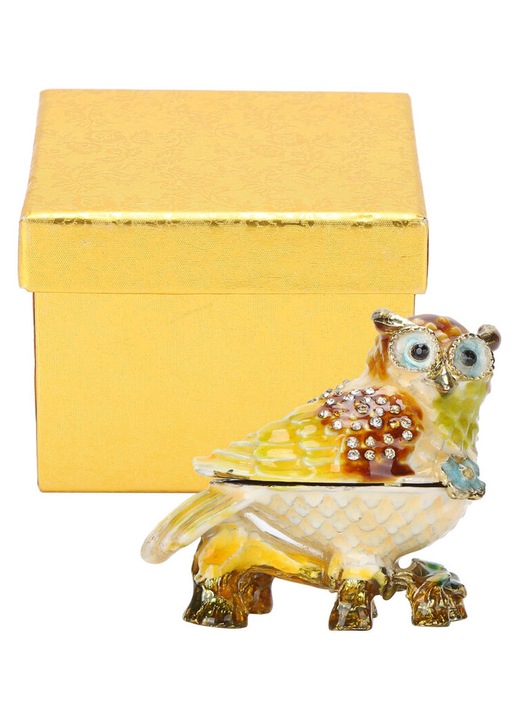 Bagoly ékszerdoboz cink zománc strasszokkal 6x3.5x5.3cm
