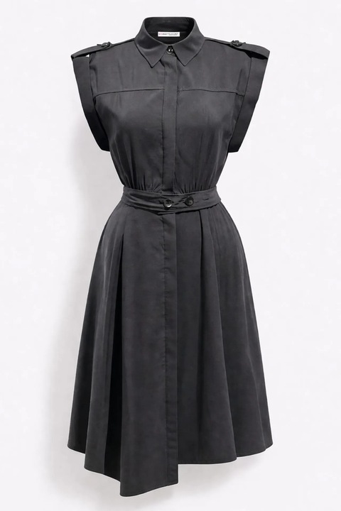 Rochie camasa midi, Mixray, A-line, cu curea, negru, modal-poliester