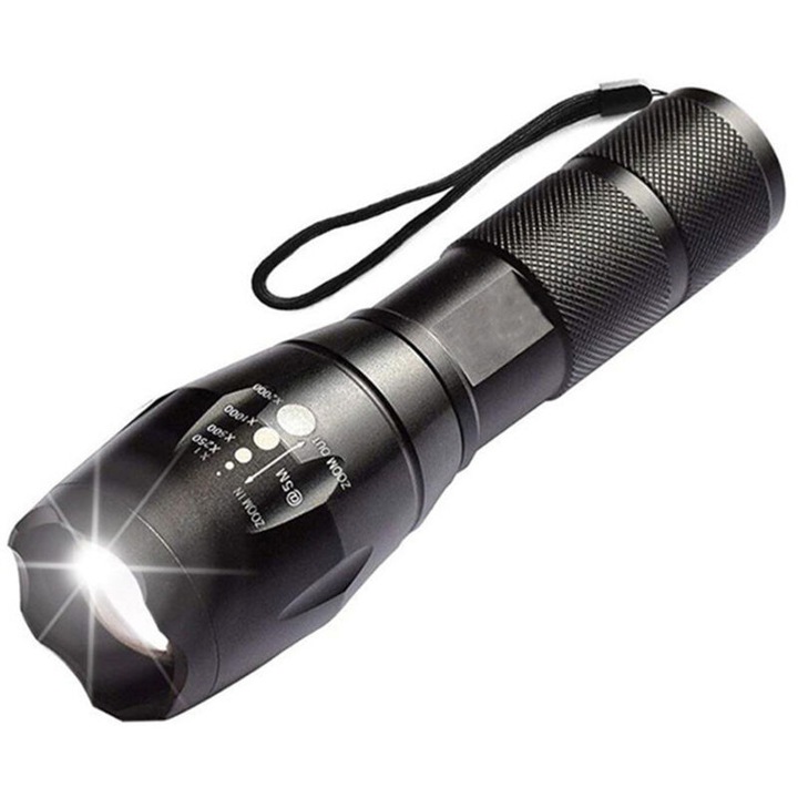 Taktikai LED lámpa, 3000 lumen, 5 mód, fekete, 1200mAh, kompakt