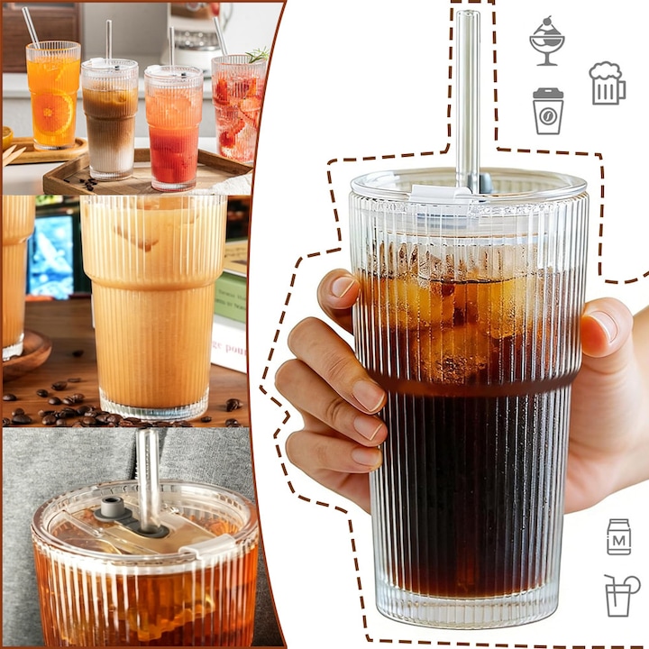 Pahar Sticla Cu Capac Si Pai, Pahare Din Sticla De 600 ML Cu Pai Din Sticla, Pentru Cafea Cu Gheata, Milkshake, Suc Si Cocktail, Rezistent La Scurgeri, Dimensiune 9x17 CM, Large Capacity Water Cup