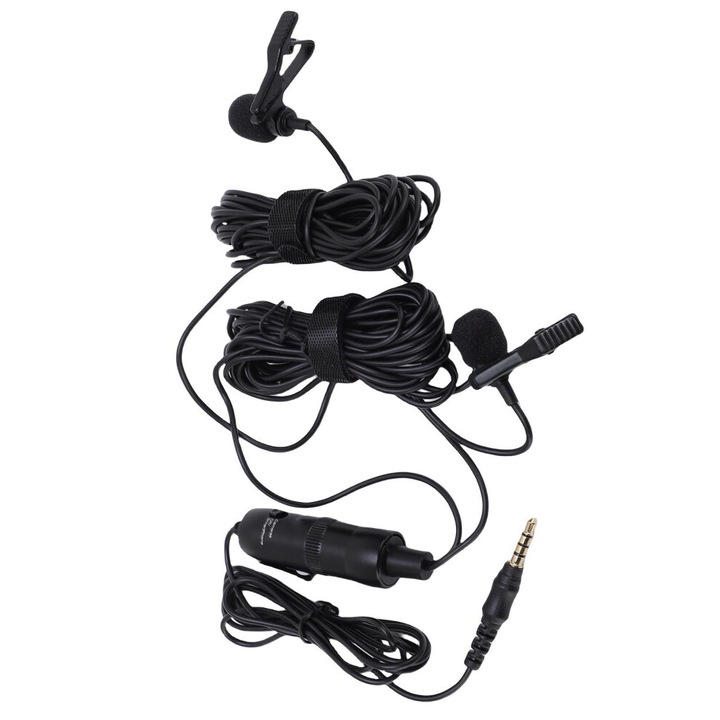 Microfon lavalier dublu cu fir, clip, omnidirectional, negru, 5m