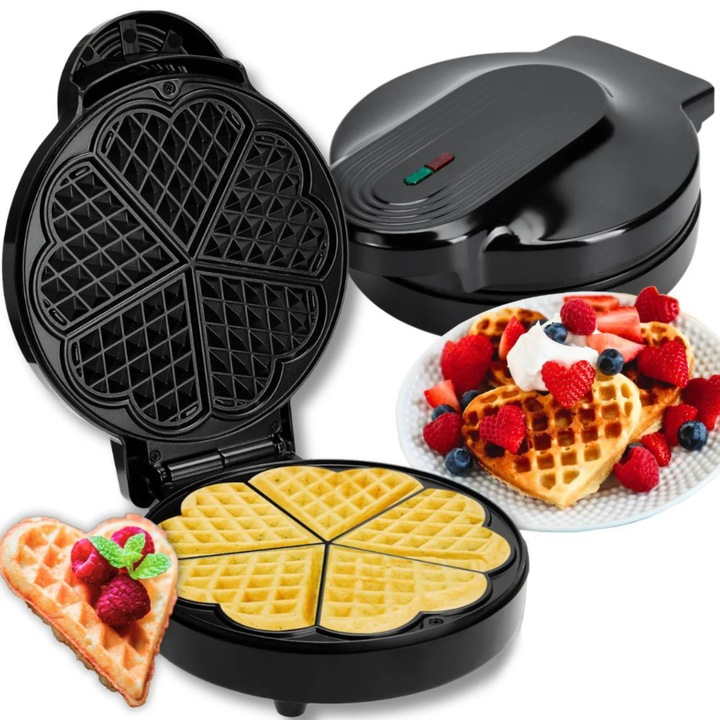 Aparat pentru vafe VarioShop®, 1000W, 5 vafe in forma de inima, invelis antiaderent, incalzire rapida, indicator luminos, negru, 26.5x20x10 cm