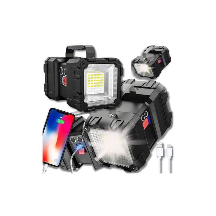 LED kempinglámpa, 1800 lumen, 10000mAh power bank, fekete, IPX5, 800m, 20h, 7 mód