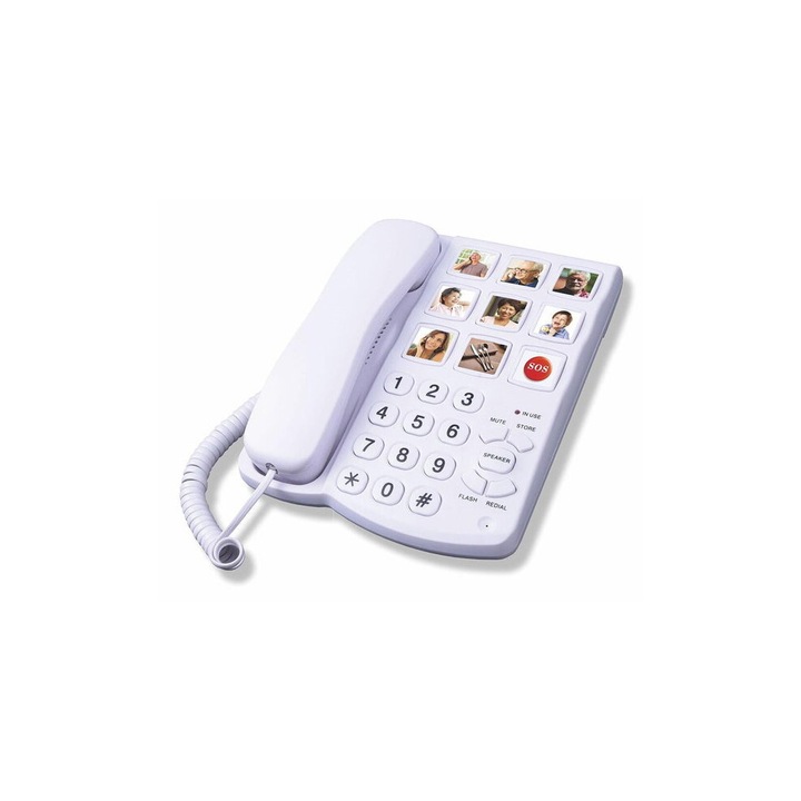 Telefon fix cu fir, butoane mari, difuzor, alb, 18x20x9cm